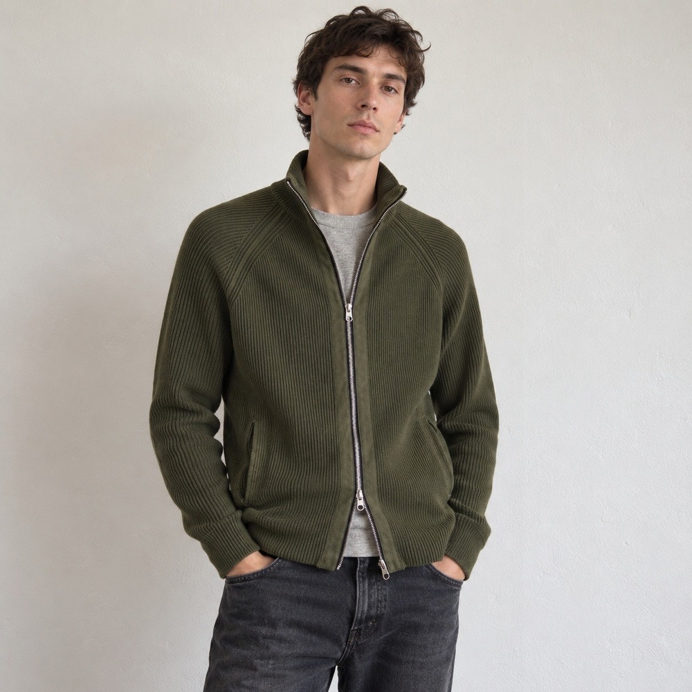 Rag & Bone Mens Dexter Andrew Sweater XL Olive Green Ribbed Full Zip Cardigan